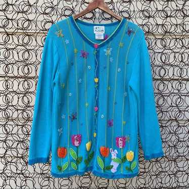 Vintage Quacker Factory blue cardigan spring flowe