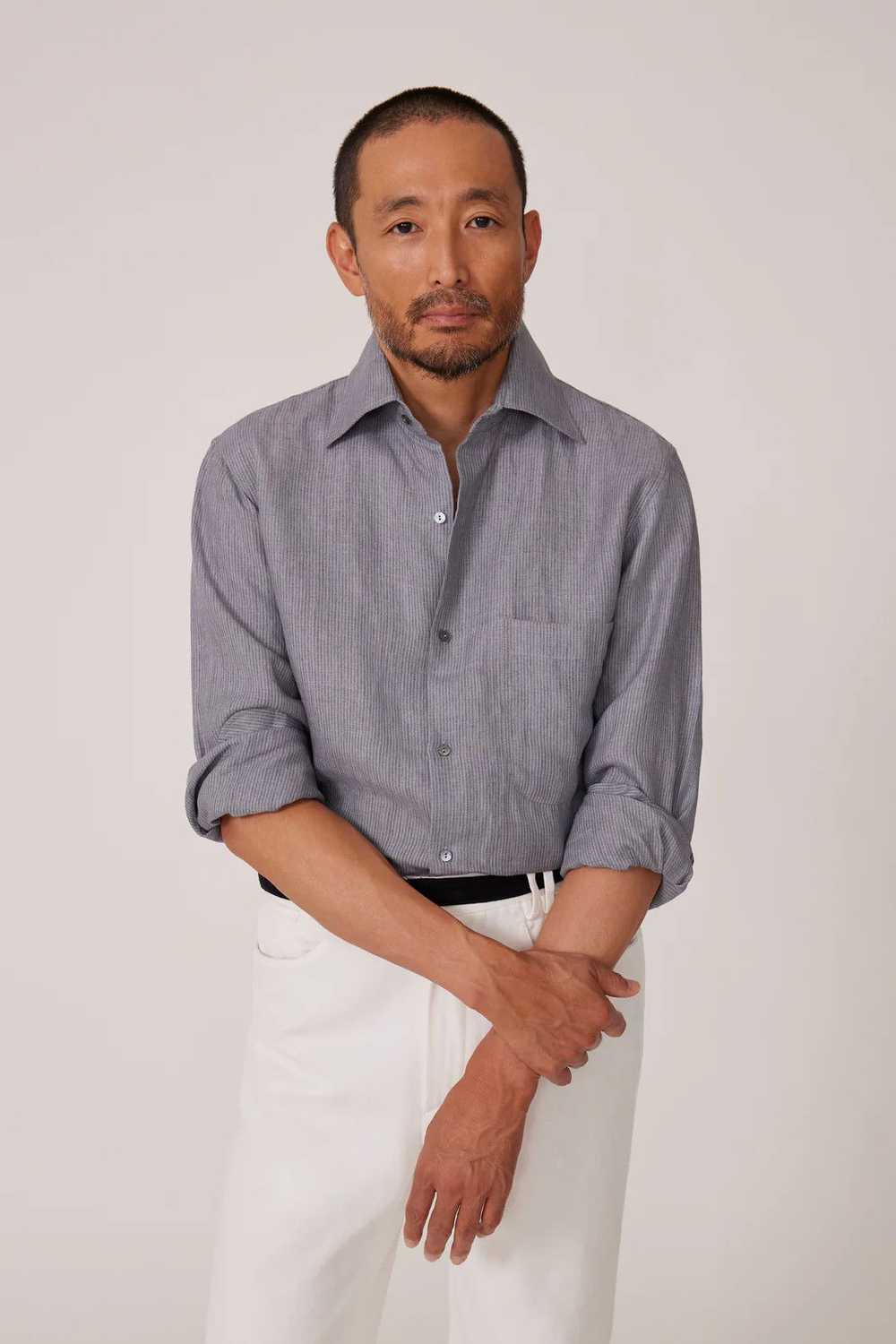 Stoffa ($575) Steel Grey Striped Linen Shirt - image 2