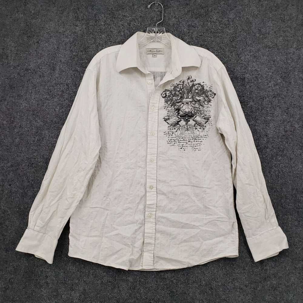 Vintage White Gothic Print Button Up Shirt for Me… - image 1