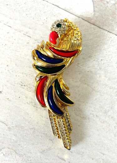 Vintage 1990s Huge Parrot Brooch Gold Tone Rhinest