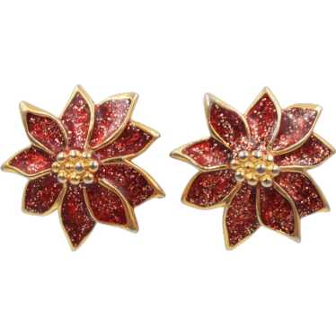 Earrings Clip-On Avon Christmas Glitter Poinsettia