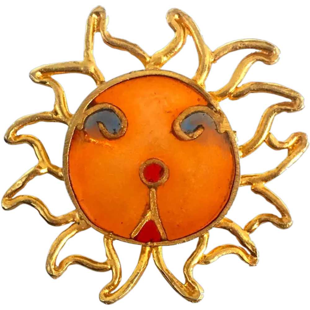 Rare Vintage Signed Joy Sun Face Brooch Resin Pli… - image 1