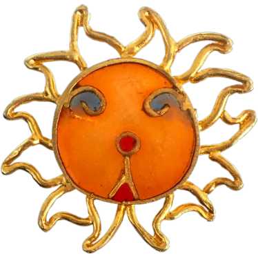 Rare Vintage Signed Joy Sun Face Brooch Resin Pli… - image 1