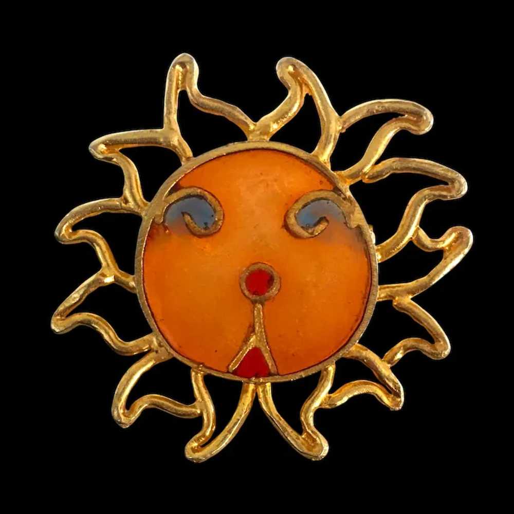 Rare Vintage Signed Joy Sun Face Brooch Resin Pli… - image 2