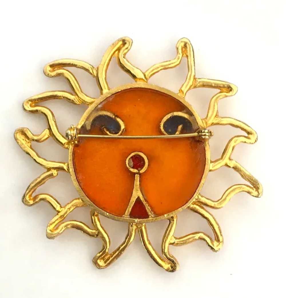 Rare Vintage Signed Joy Sun Face Brooch Resin Pli… - image 3