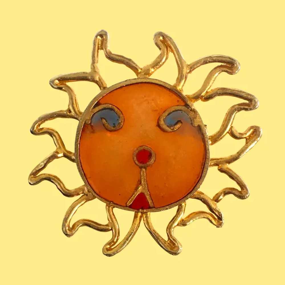 Rare Vintage Signed Joy Sun Face Brooch Resin Pli… - image 5