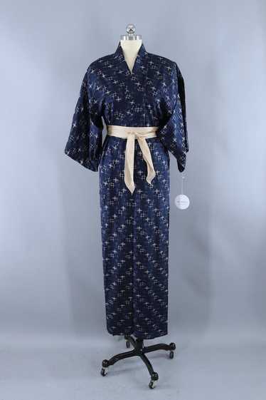 Vintage Navy Blue Ikat Raw Silk Kimono Robe