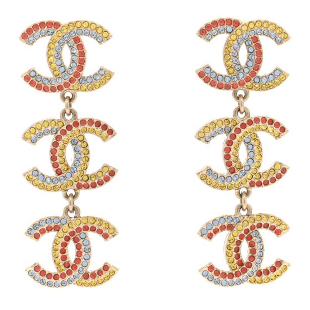 CHANEL Metal Crystal CC Triple Drop Earrings Gold… - image 1