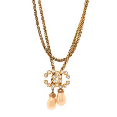 CHANEL Pearl Crystal Chain CC Bolo Necklace Gold - image 1