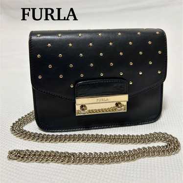 FURLA Studded Chain Shoulder Bag Black Leather Mi… - image 1