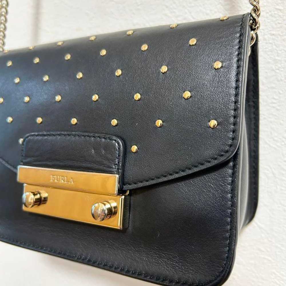 FURLA Studded Chain Shoulder Bag Black Leather Mi… - image 7