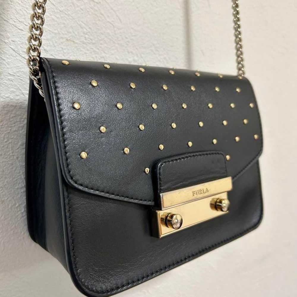 FURLA Studded Chain Shoulder Bag Black Leather Mi… - image 8