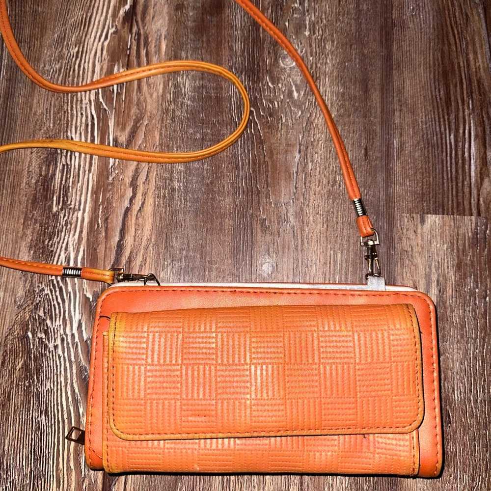 Double zip orange leather w/silver lining clutch - image 1