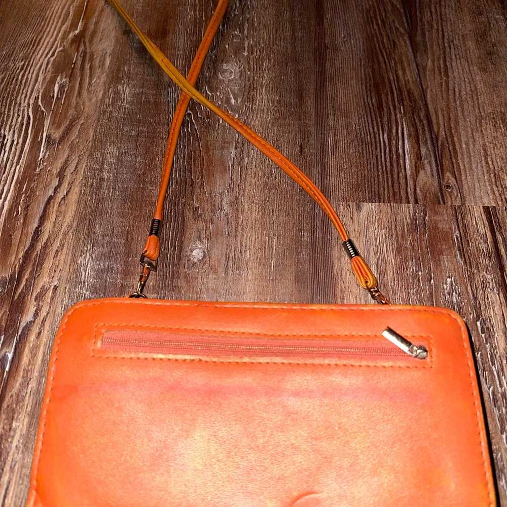 Double zip orange leather w/silver lining clutch - image 3