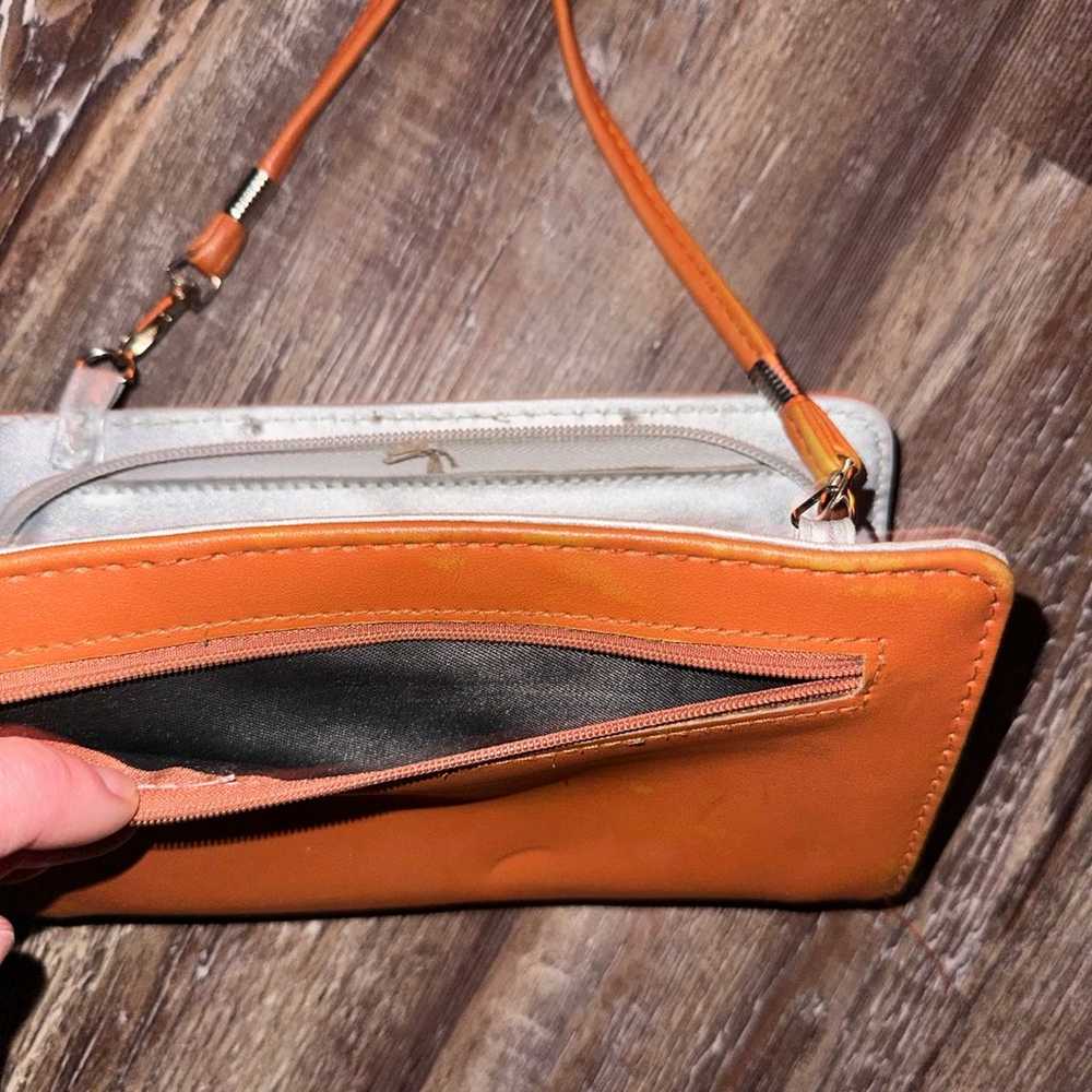 Double zip orange leather w/silver lining clutch - image 5