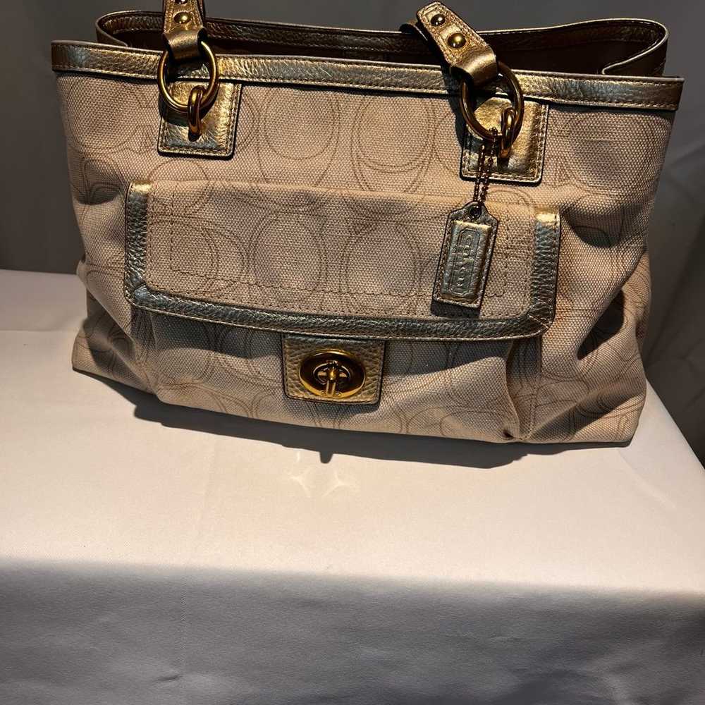 Coach signature purse linen and canvas with leath… - image 1