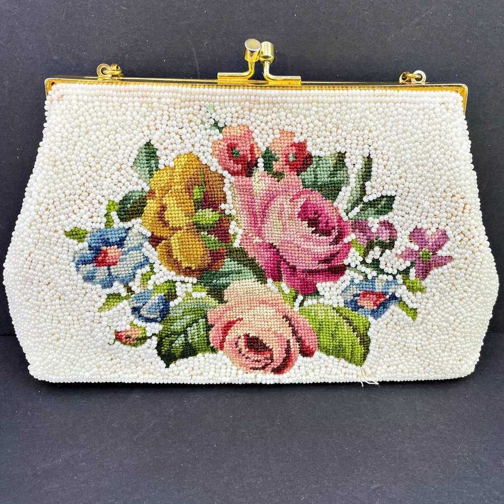 Vintage 8" Needlepoint & Beaded Floral Rose Purse… - image 1