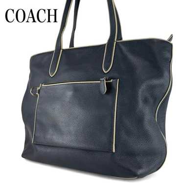 COACH All-Leather Tote Bag Hand Navy Shoulder Bag