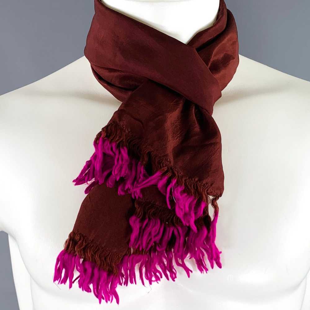 Dries Van Noten Brown Fuchsia Fringe Silk Scarf - image 6