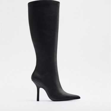 ZARA Black Leather Pointed Toe Long Boots