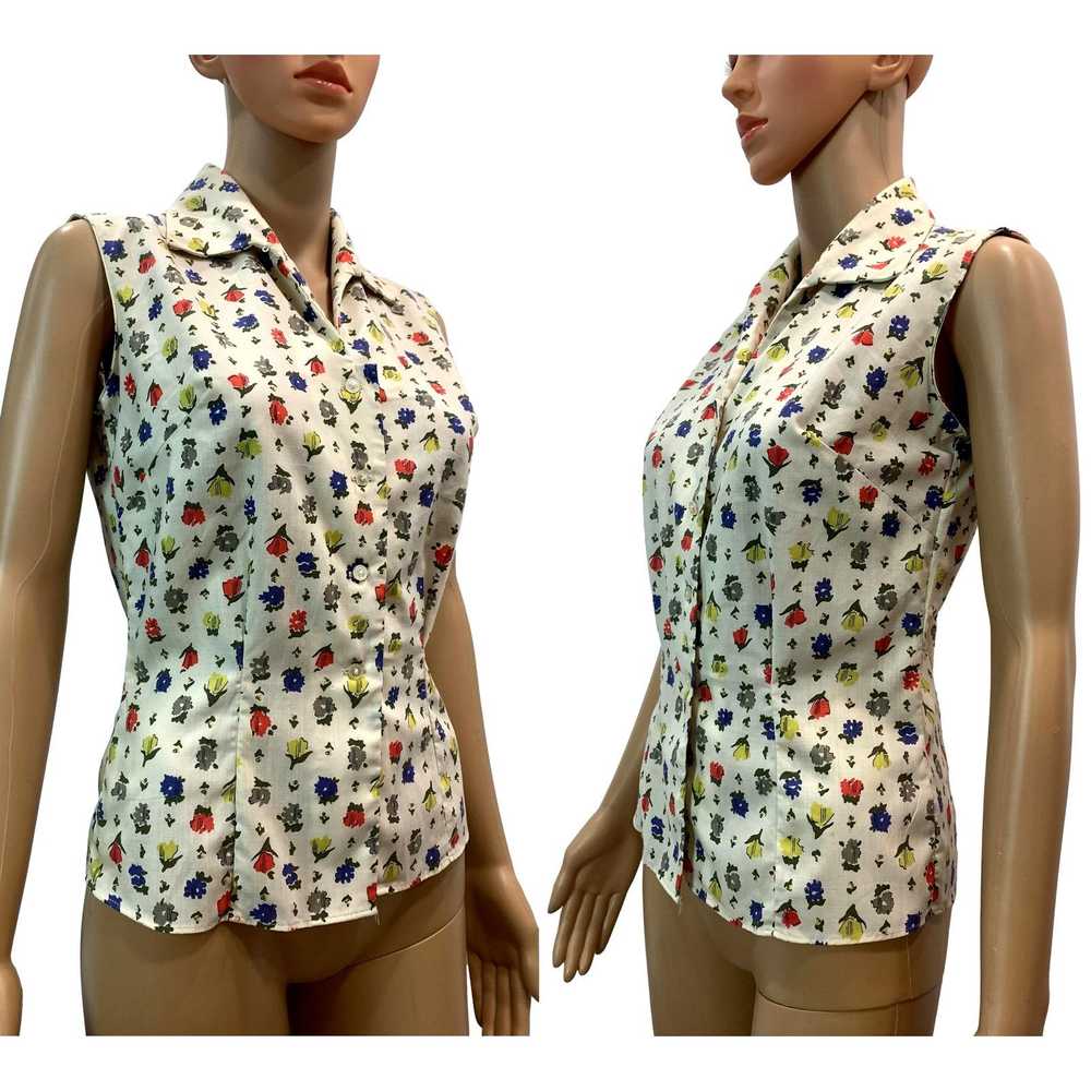 Vintage 60s Shirt n Sweet Sleeveless Floral Blous… - image 8