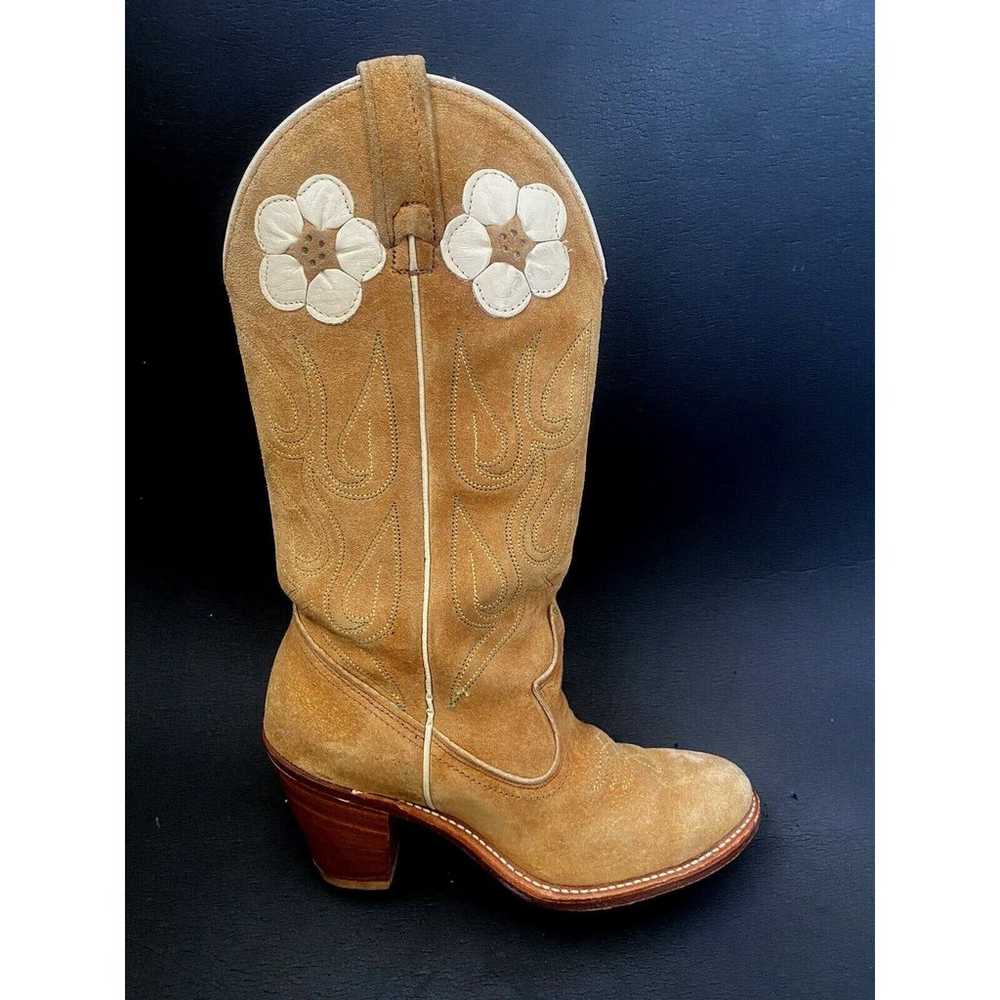 Vintage ACME Cowboy Boots Suede Flower Tan Rockab… - image 2