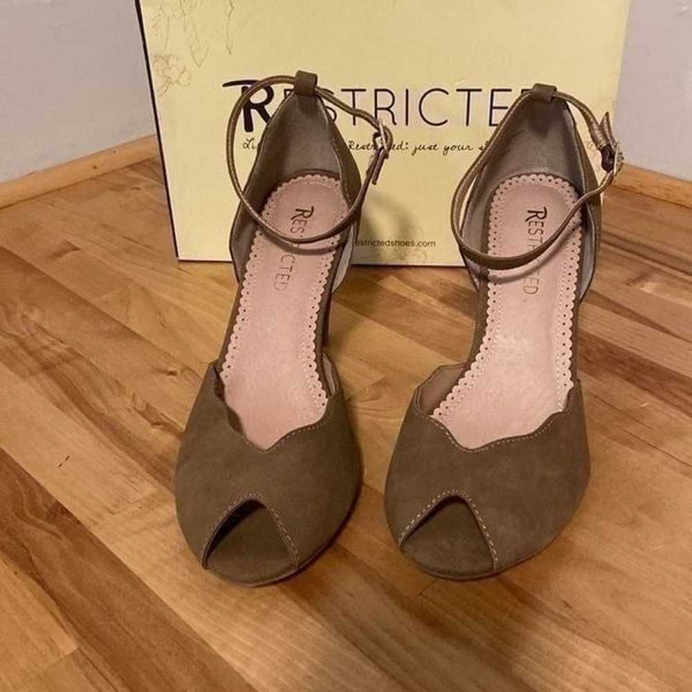 Restricted Taupe Faux Suede Dora Style Peeptoe Ch… - image 2