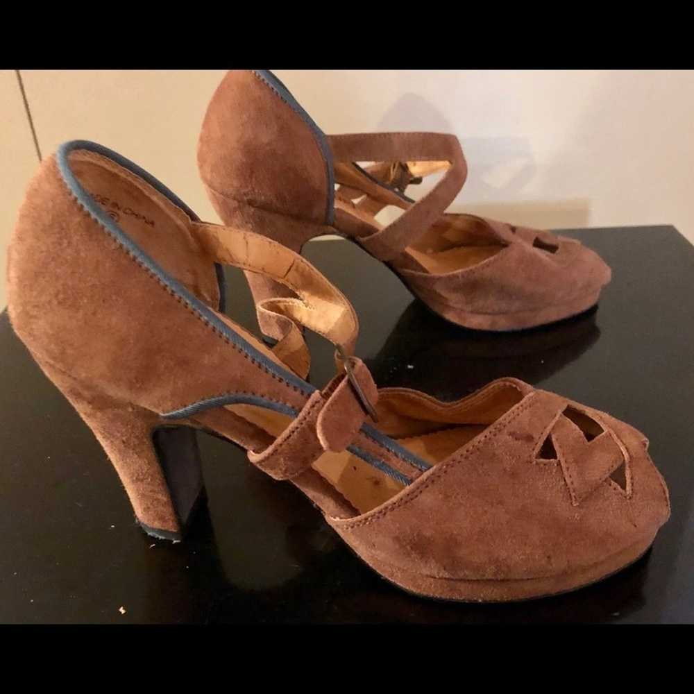 Farylrobin brown suede heels size 6 peep toe mary… - image 1