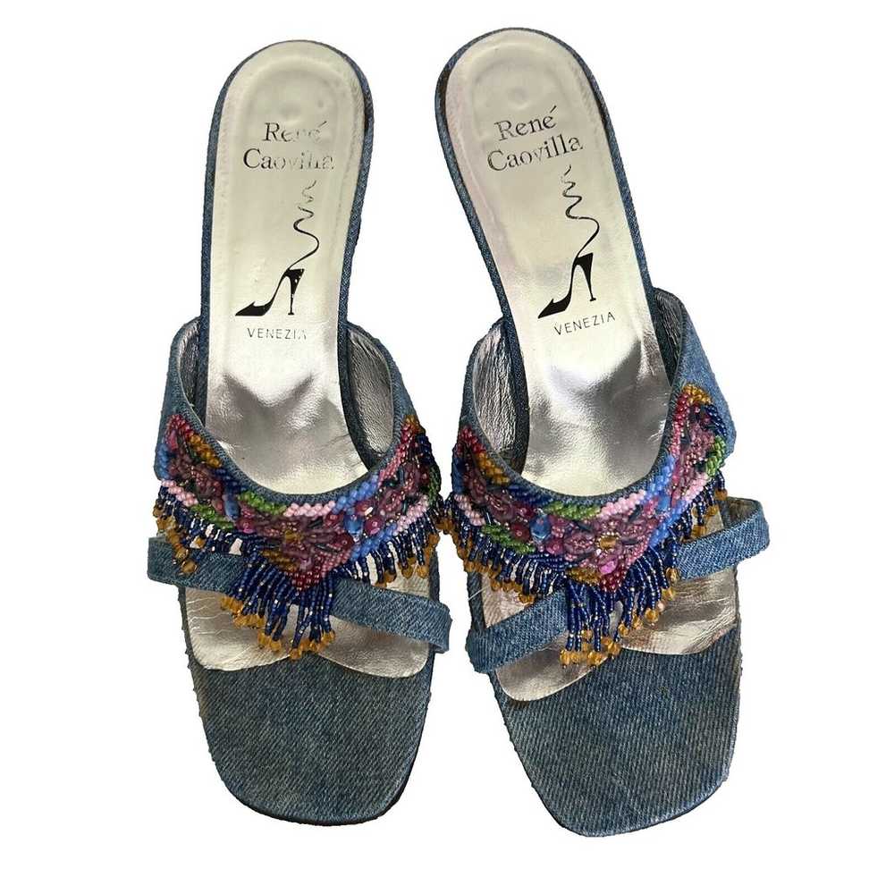 Rene Caovilla Heels Denim Beaded Mules Size 41 Su… - image 1