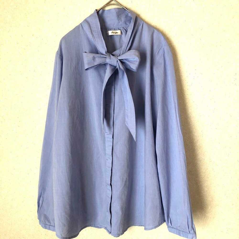 Oscope Bow Tie Shirt Blouse Blue Cotton Size L Hi… - image 1