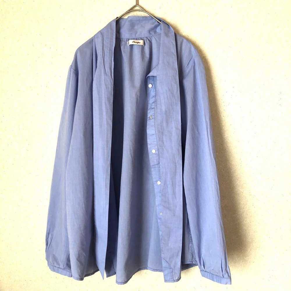 Oscope Bow Tie Shirt Blouse Blue Cotton Size L Hi… - image 3