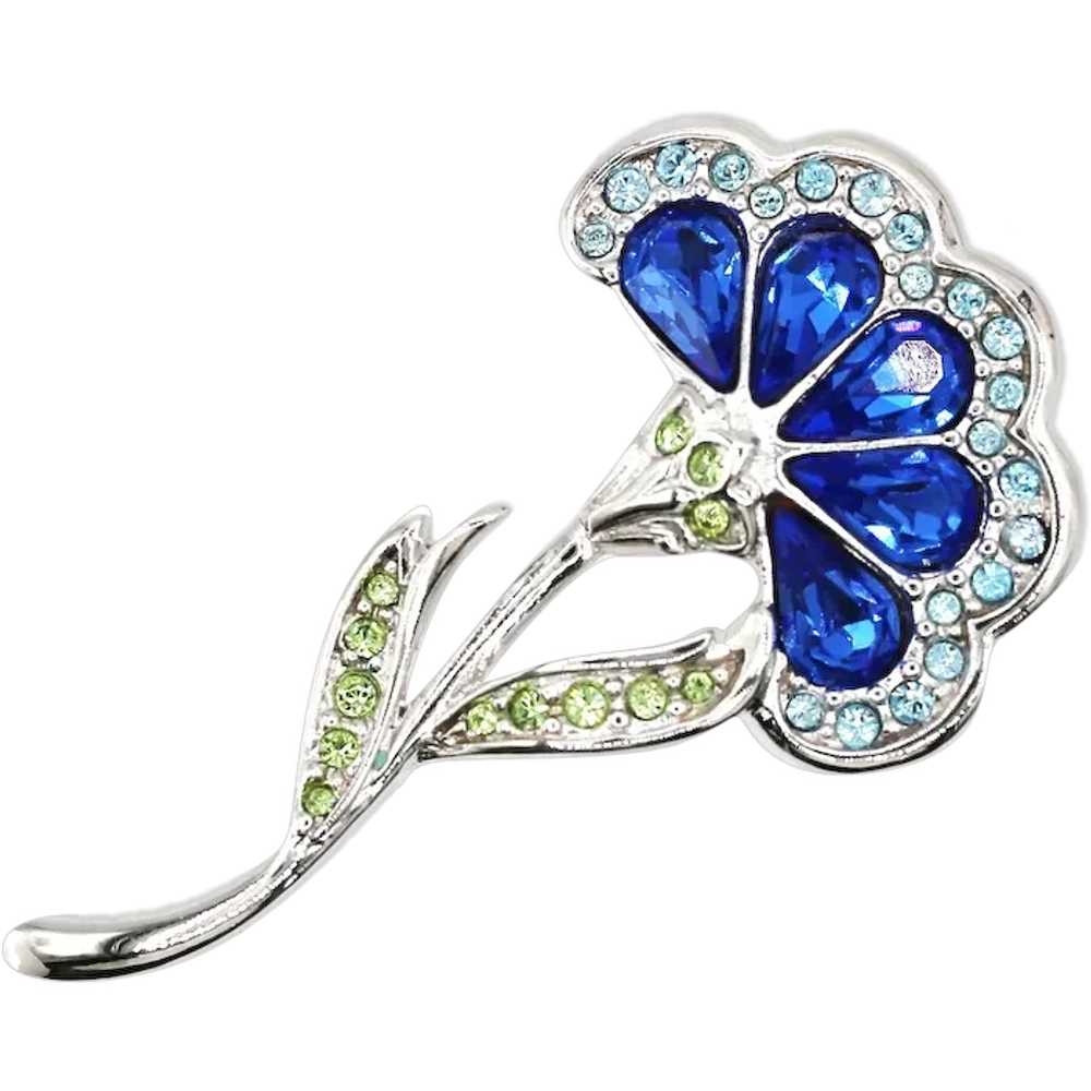 Swarovski Silver-Tone Flower Brooch – Blue & Gree… - image 1