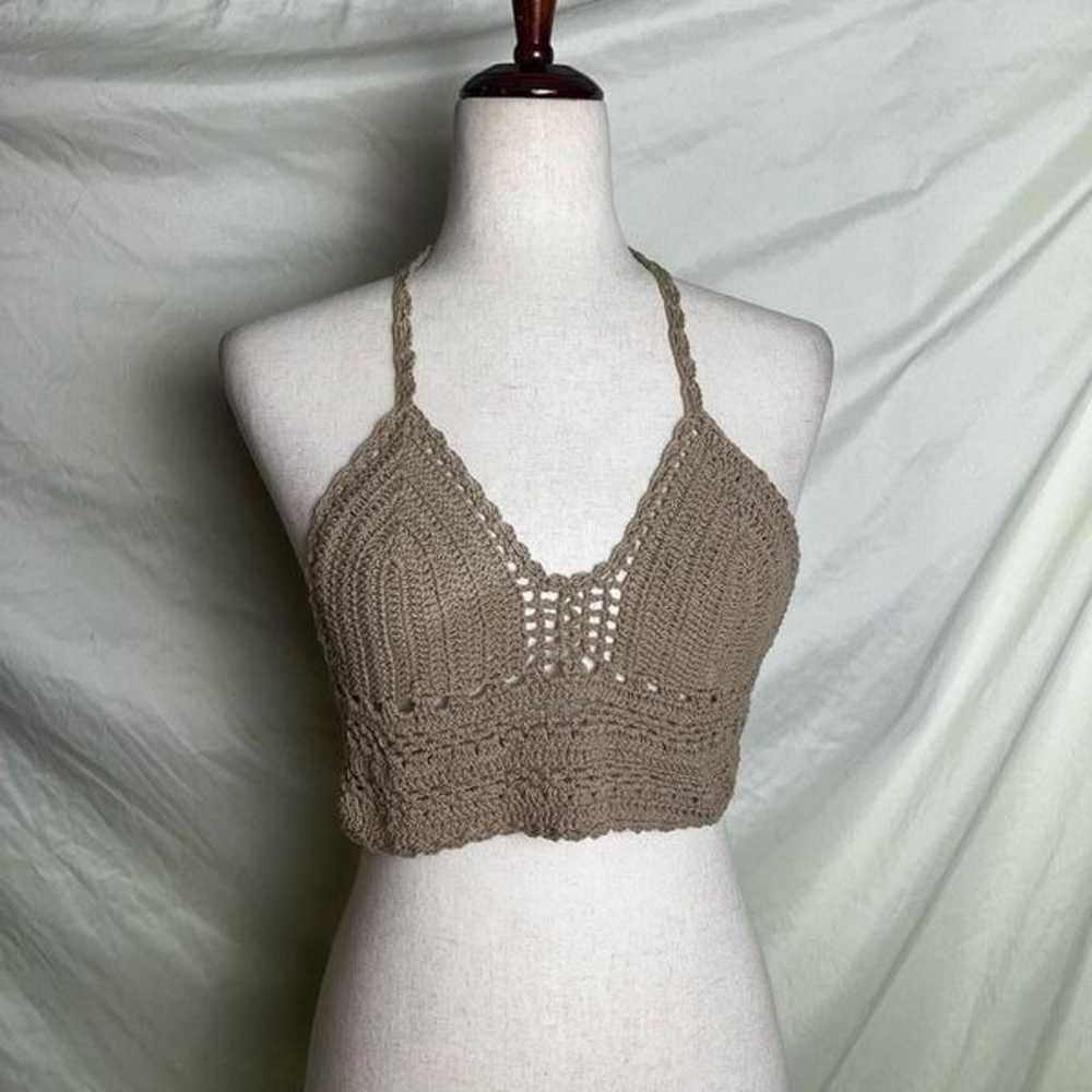 Vintage Cotton Crochet String Tie Bikini Top Tan … - image 1