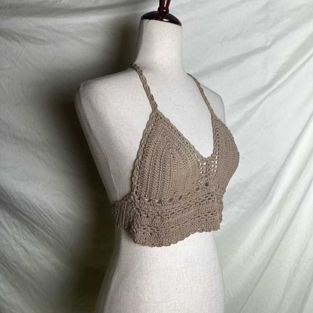 Vintage Cotton Crochet String Tie Bikini Top Tan … - image 2