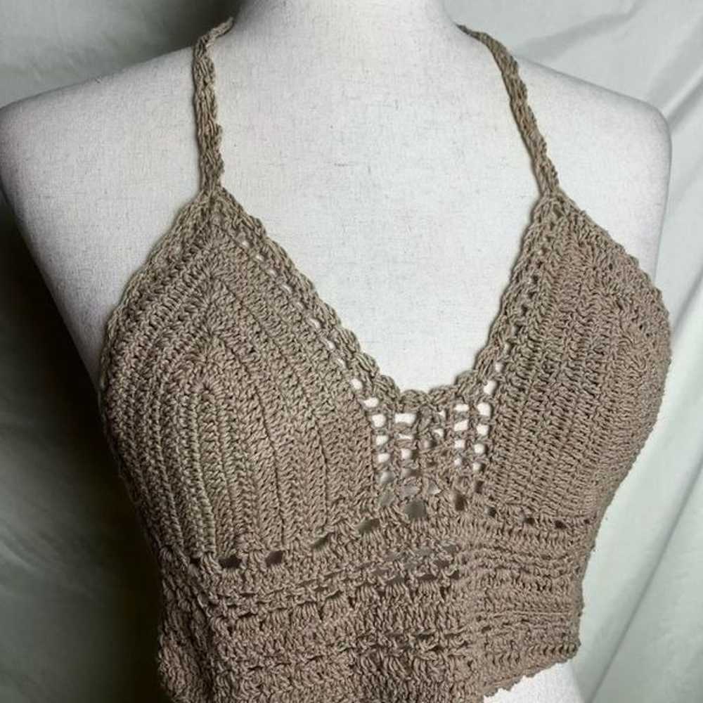 Vintage Cotton Crochet String Tie Bikini Top Tan … - image 3