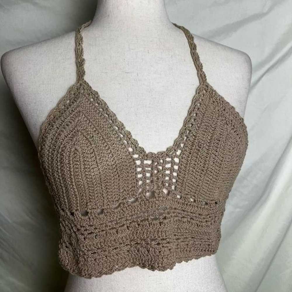 Vintage Cotton Crochet String Tie Bikini Top Tan … - image 6