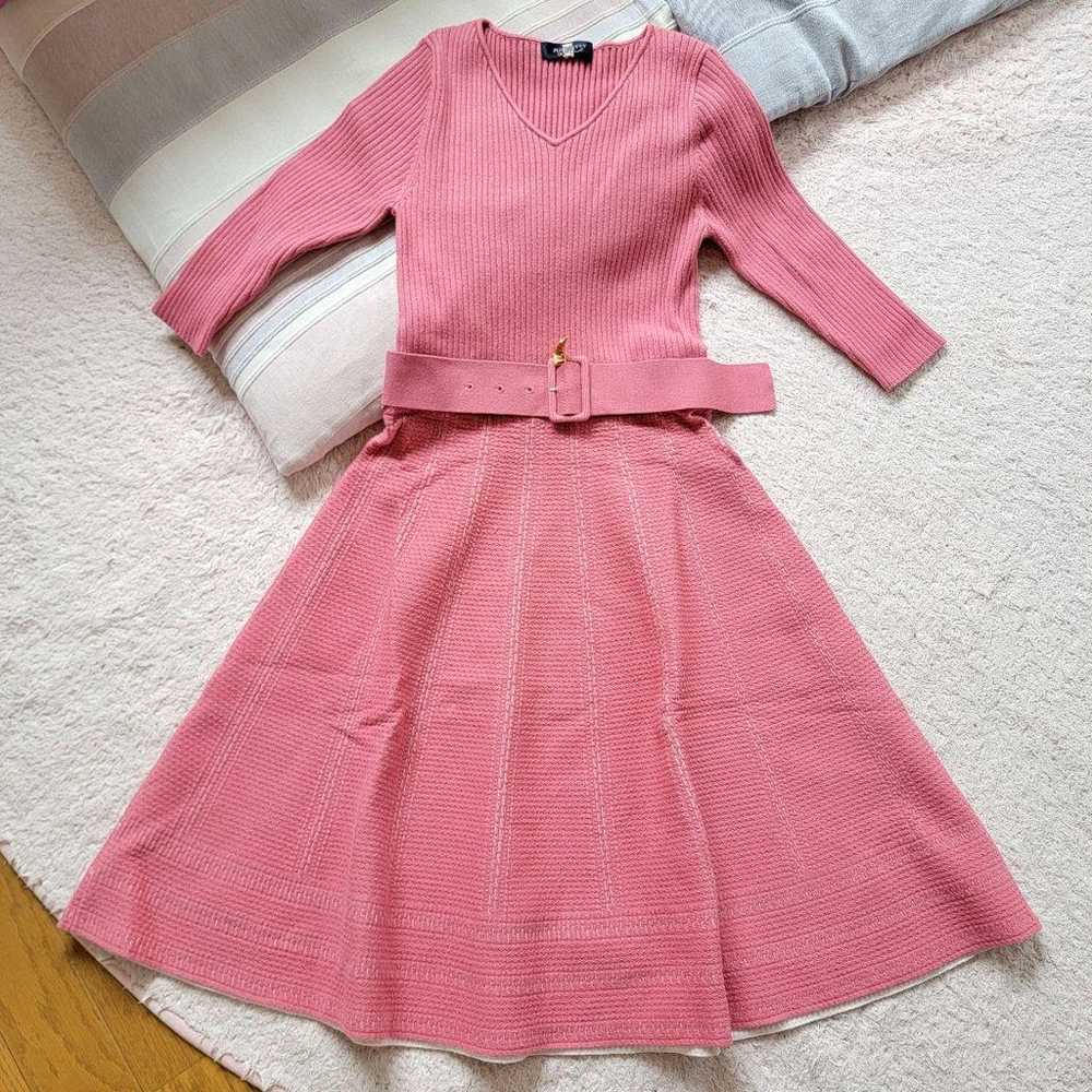 JUSGLITTY Belted Flared Knit Dress Pink Size 2 - image 1