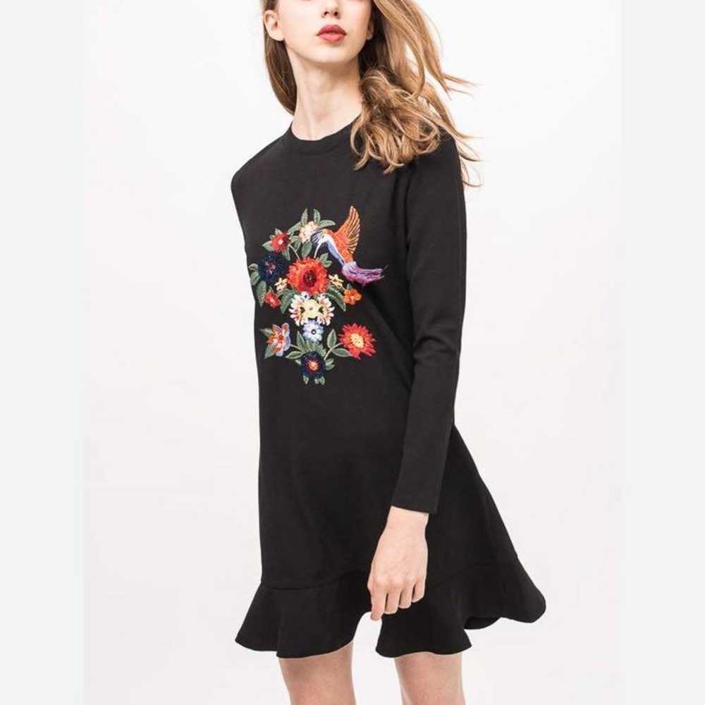 Zara Black Floral Embroidered Hummingbird Dress S… - image 1