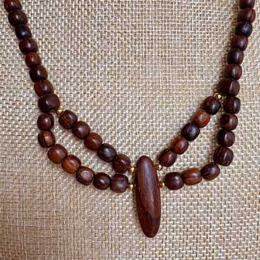 Vintage Red-Brown Real Wooden Bead Statement Neck… - image 1