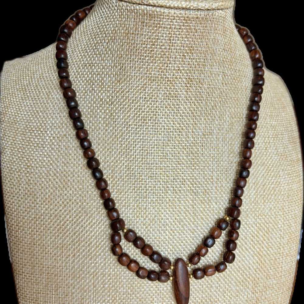 Vintage Red-Brown Real Wooden Bead Statement Neck… - image 2