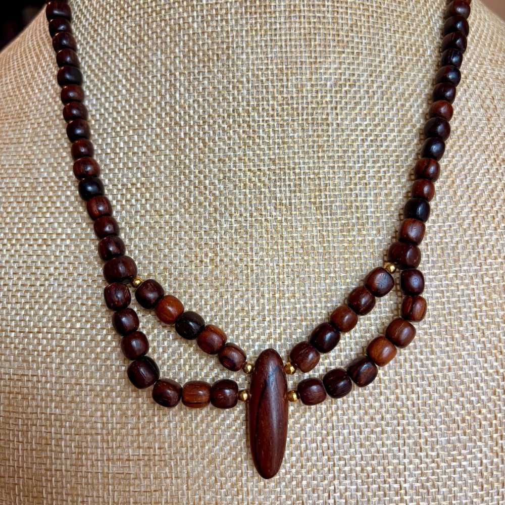 Vintage Red-Brown Real Wooden Bead Statement Neck… - image 4