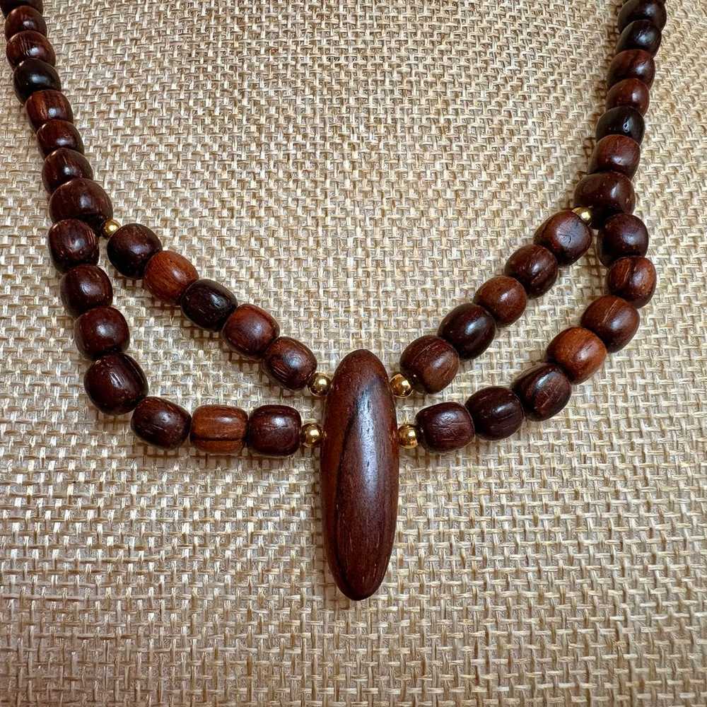 Vintage Red-Brown Real Wooden Bead Statement Neck… - image 6