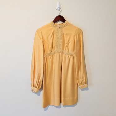 Vintage 70s Glam Yellow Empire Waist Mini Dress -… - image 1