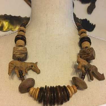 Handmade Vintage handmade carved wood bead neckla… - image 1