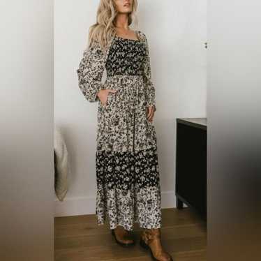 Bohme Black Cream Floral Smocked Maxi Dress Size S