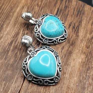 Clip on turquoise estate vintage heart earrings E… - image 1