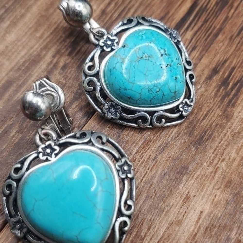 Clip on turquoise estate vintage heart earrings E… - image 2