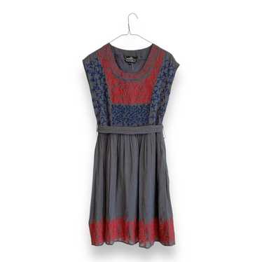 Vintage Angie Gray Red Blue Embroidered Silk Midi… - image 1