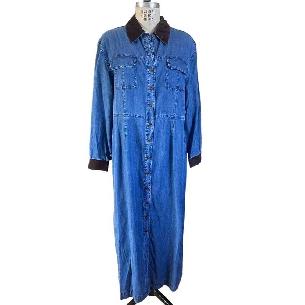 NWT J. Jill Denim Maxi Shirtdress w/ Brown Velvet… - image 1