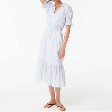 J Crew Blue Smocked Ruffle Dress cotton blue white